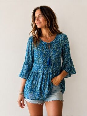 Blue Floral Tassel Peasant Top